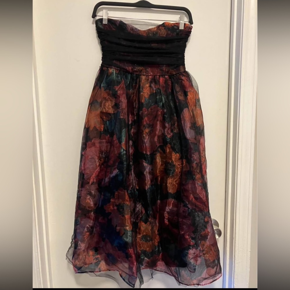 Lulus Splendidly Yours Black Floral Organza Mesh Strapless Midi Dress small